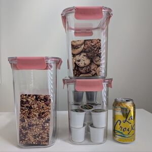 NEW Set 3 TAHARI Large Clear Food Storage Container Stackable BPA Free Snap Pink